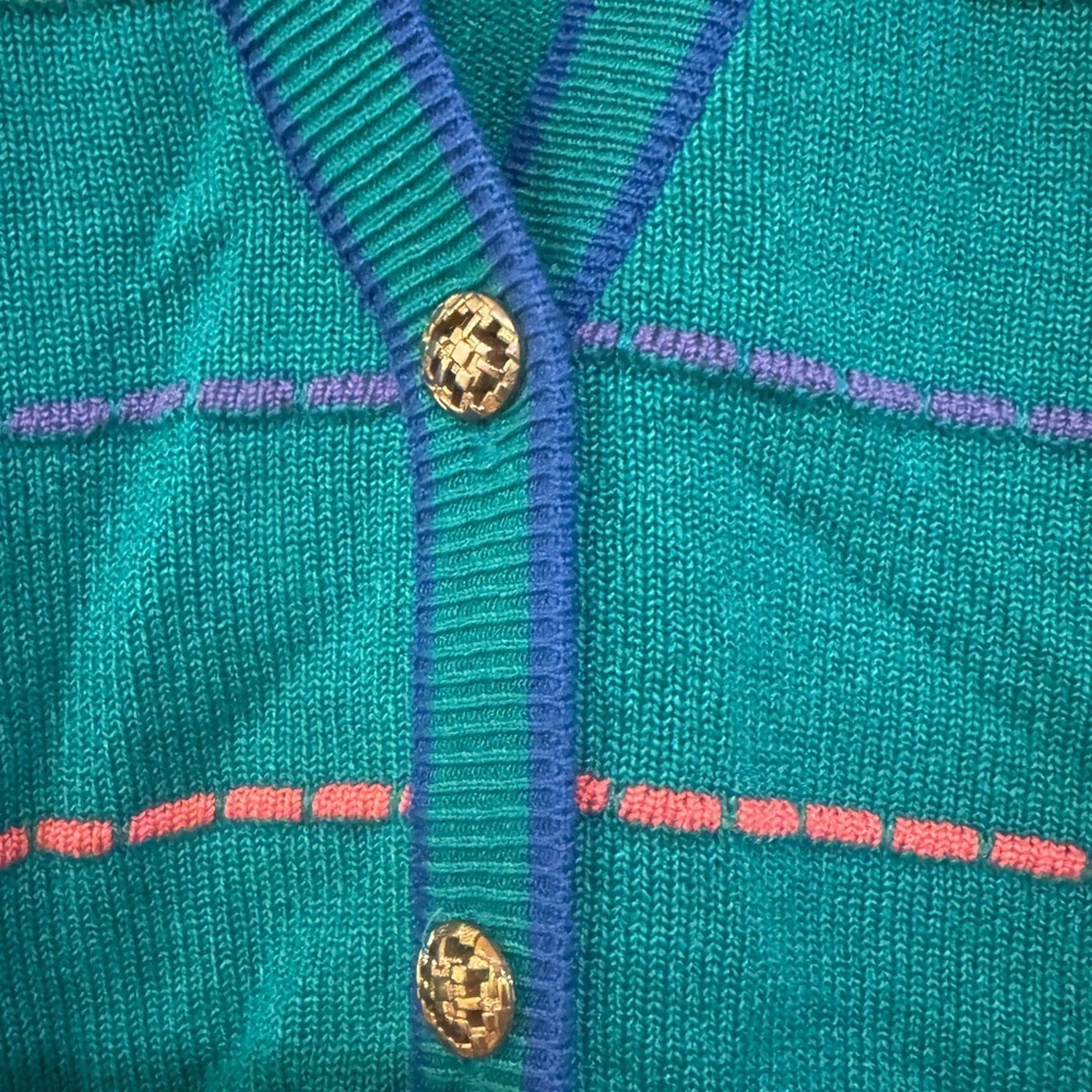 Vintage Renate Teal Short Sleeve Cardigan – Size 8 – Gold Button - Picture 7 of 9